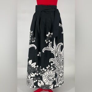 Talbots Retro Black & White Floral Box Pleated Cotton Maxi Skirt Tie Waist Belt